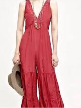 Anthropologie Red Sleeveless V-Neck Tiered Wide-Leg Jumpsuit
